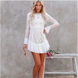 Saints + Secrets Match Made in Heaven Ivory Lace overlay Mini Ruffle Dress